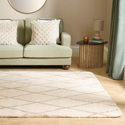 Ohs Diamond Check Fluffy Rug Floor Carpet Hallway Runner, Natural - 160Cm X 230Cm - image 1