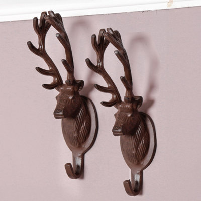 Dibor Set Of 2 Vintage Cast Iron Stag Wall Hooks Country Lodge Style Antique Brown Hallway Kitchen Bedroom Coat Peg Bathroom Towel Hooks - image 1