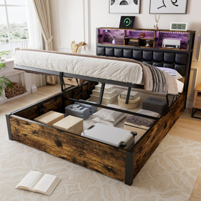 Btm 4Ft6 Hydraulic Metal Bed 135X190 Cm, Double Bed With Charging Port, Soft Headboard Storage, Iron+Mdf, Black+Wood - image 1
