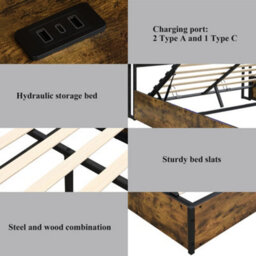 Btm 4Ft6 Hydraulic Metal Bed 135X190 Cm, Double Bed With Charging Port, Soft Headboard Storage, Iron+Mdf, Black+Wood - thumbnail 9
