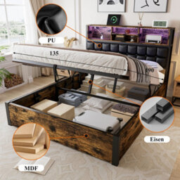 Btm 4Ft6 Hydraulic Metal Bed 135X190 Cm, Double Bed With Charging Port, Soft Headboard Storage, Iron+Mdf, Black+Wood - thumbnail 8