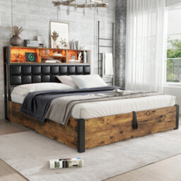 Btm 4Ft6 Hydraulic Metal Bed 135X190 Cm, Double Bed With Charging Port, Soft Headboard Storage, Iron+Mdf, Black+Wood - thumbnail 5