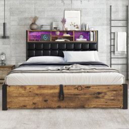 Btm 4Ft6 Hydraulic Metal Bed 135X190 Cm, Double Bed With Charging Port, Soft Headboard Storage, Iron+Mdf, Black+Wood - thumbnail 4