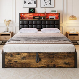 Btm 4Ft6 Hydraulic Metal Bed 135X190 Cm, Double Bed With Charging Port, Soft Headboard Storage, Iron+Mdf, Black+Wood - thumbnail 3