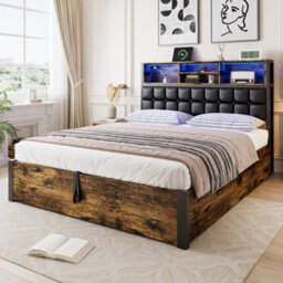 Btm 4Ft6 Hydraulic Metal Bed 135X190 Cm, Double Bed With Charging Port, Soft Headboard Storage, Iron+Mdf, Black+Wood - thumbnail 2