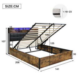 Btm 4Ft6 Hydraulic Metal Bed 135X190 Cm, Double Bed With Charging Port, Soft Headboard Storage, Iron+Mdf, Black+Wood - thumbnail 7