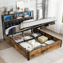 Btm 4Ft6 Hydraulic Metal Bed 135X190 Cm, Double Bed With Charging Port, Soft Headboard Storage, Iron+Mdf, Black+Wood - thumbnail 6