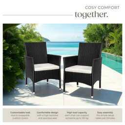 Tectake Garden Chair Nantes Set Of 2 - Weather & Uv-Resistant, 2 Sets Of Cushion Covers - Black/beige - 2 - thumbnail 4