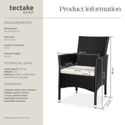 Tectake Garden Chair Nantes Set Of 2 - Weather & Uv-Resistant, 2 Sets Of Cushion Covers - Black/beige - 2 - thumbnail 6