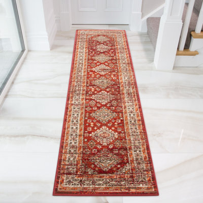 Loomed Red Terracotta Bordered Traditional Medallion Living Room Runner Rug 60X240Cm - image 1