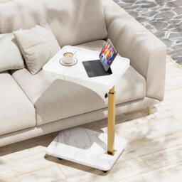 Huhote Stylish C-Shaped Side Table With Height Adjustment And Swivel Tray For Small Spaces In White And Gold