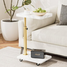 Huhote Stylish C-Shaped Side Table With Height Adjustment And Swivel Tray For Small Spaces In White And Gold - thumbnail 3
