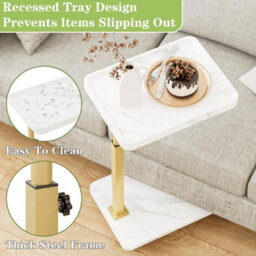 Huhote Stylish C-Shaped Side Table With Height Adjustment And Swivel Tray For Small Spaces In White And Gold - thumbnail 6