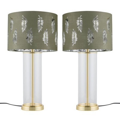 First Choice Lighting Set Of 2 Aura - Satin Brass Lamps With Sage Green Fern Silver Shades - image 1