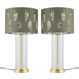 First Choice Lighting Set Of 2 Aura - Satin Brass Lamps With Sage Green Fern Silver Shades