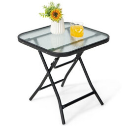 Costway Folding Square Patio Bistro Table Tempered W/ Glass Tabletop Outdoor Coffee Table - thumbnail 1