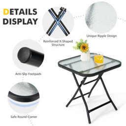 Costway Folding Square Patio Bistro Table Tempered W/ Glass Tabletop Outdoor Coffee Table - thumbnail 8