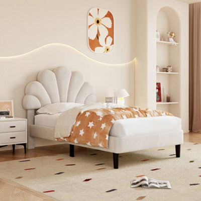 Abrihome Upholstered Velvet Single Bed Frame With Adjustable Chic Petal Headboard, Solid Wood Slat, No Box Spring Needed, Beige - image 1