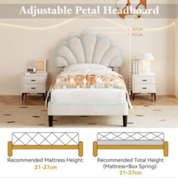 Abrihome Upholstered Velvet Single Bed Frame With Adjustable Chic Petal Headboard, Solid Wood Slat, No Box Spring Needed, Beige - thumbnail 7