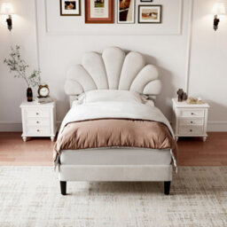 Abrihome Upholstered Velvet Single Bed Frame With Adjustable Chic Petal Headboard, Solid Wood Slat, No Box Spring Needed, Beige - thumbnail 2