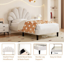 Abrihome Upholstered Velvet Single Bed Frame With Adjustable Chic Petal Headboard, Solid Wood Slat, No Box Spring Needed, Beige - thumbnail 5
