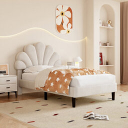 Abrihome Upholstered Velvet Single Bed Frame With Adjustable Chic Petal Headboard, Solid Wood Slat, No Box Spring Needed, Beige - thumbnail 1