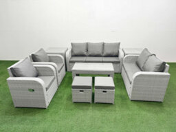 Fimous Pe Rattan Garden Furniture Set Adjustable Chair Double Love Seat 2 Seater Sofa Lounge Set 2 Stools 2 Side Table Light Grey - thumbnail 2