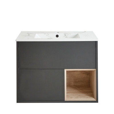 Homestylestore 812mm Black Grey Wall Hung Bathroom Vanity Unit Led Lit Open Shelf Marble Effect Basin - image 1