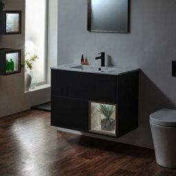 Homestylestore 812mm Black Grey Wall Hung Bathroom Vanity Unit Led Lit Open Shelf Marble Effect Basin - thumbnail 3