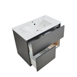 Homestylestore 812mm Black Grey Wall Hung Bathroom Vanity Unit Led Lit Open Shelf Marble Effect Basin - thumbnail 2