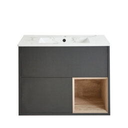 Homestylestore 812mm Black Grey Wall Hung Bathroom Vanity Unit Led Lit Open Shelf Marble Effect Basin