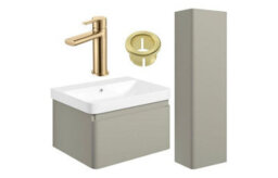 Aquarius Sophie 605mm Vanity Unit Matt Latte Tall Boy Set With Brushed Brass Brassware - thumbnail 1
