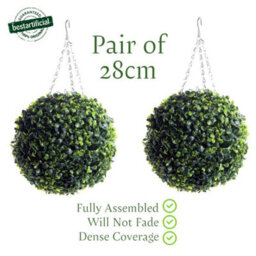 Pair Of Best Artificial 28Cm Green Boxwood Buxus Grass Hanging Basket Topiary Ball - Suitable For Outdoor Use - thumbnail 1