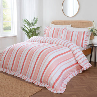 Rapport Home Maya Stripe Polycotton Reversible Duvet Cover Set With Pillowcase Double Pink - image 1
