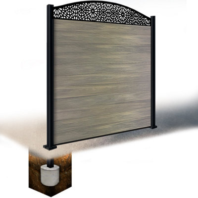 Easycomposite 6Ft Composite Fence Panel & Aluminium Post Sunken In Ground - Greige Boards & Morocco Curved Topper Trellis - image 1