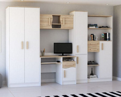 Mathias Youth Bedroom Furniture Set White/sonoma 5 Piece Wardrobe Desk Bookcase Wall Shelf And Storage - image 1