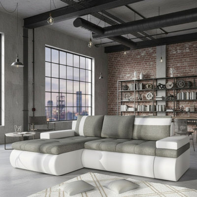 Oslo Mini Living Room Corner Sofa Bed With Storage Hr Foam Wave Springs Wooden Frame 245X182X90Cm Grey And White Left - image 1