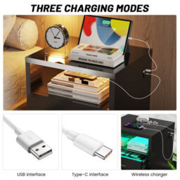 Black Bedside Table Rgb Led 3 Tier Storage Cabinet Nightstand With Charging Station - thumbnail 3