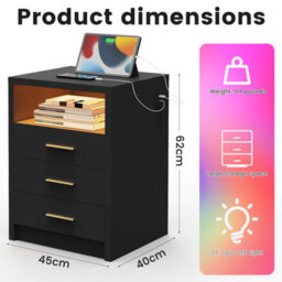 Black Bedside Table Rgb Led 3 Tier Storage Cabinet Nightstand With Charging Station - thumbnail 2