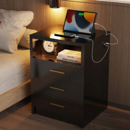 Black Bedside Table Rgb Led 3 Tier Storage Cabinet Nightstand With Charging Station