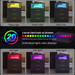 Black Bedside Table Rgb Led 3 Tier Storage Cabinet Nightstand With Charging Station - thumbnail 5