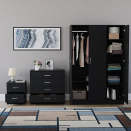 Lassic Vida Designs Riano 3 Piece Bedroom Set (2 Drawer Bedside Chest, 4 Drawer Chest, 3 Door Wardrobe), Black - thumbnail 2