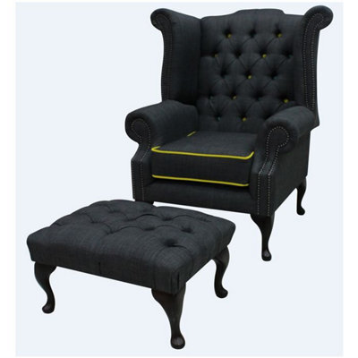 Chesterfield High Back Chair + Footstool Charles Charcoal Yellow Trim Linen Fabric In Queen Anne Style - image 1
