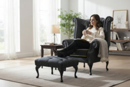 Chesterfield High Back Chair + Footstool Charles Charcoal Yellow Trim Linen Fabric In Queen Anne Style - thumbnail 3