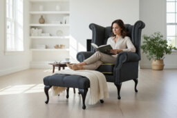 Chesterfield High Back Chair + Footstool Charles Charcoal Yellow Trim Linen Fabric In Queen Anne Style - thumbnail 2