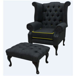 Chesterfield High Back Chair + Footstool Charles Charcoal Yellow Trim Linen Fabric In Queen Anne Style - thumbnail 1