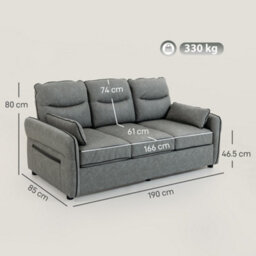 Homcom 3 Seater Sofa, Faux Leather Couch With Thicken Cushion, Grey - thumbnail 3