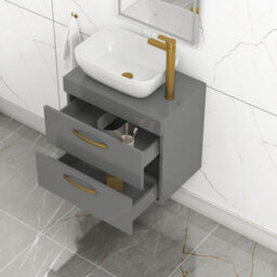 Royal Bathrooms 600mm Wall Hung Vanity Unit 2 Drawer Indigo Grey Gloss & Elva Countertop Basin With Brushed Brass Handle - thumbnail 3