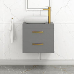 Royal Bathrooms 600mm Wall Hung Vanity Unit 2 Drawer Indigo Grey Gloss & Elva Countertop Basin With Brushed Brass Handle - thumbnail 1