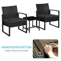 Black 3-Piece Rattan Patio Furniture Set Wicker Bistro Set Outdoor, 2 Chairs  1 Table - thumbnail 3